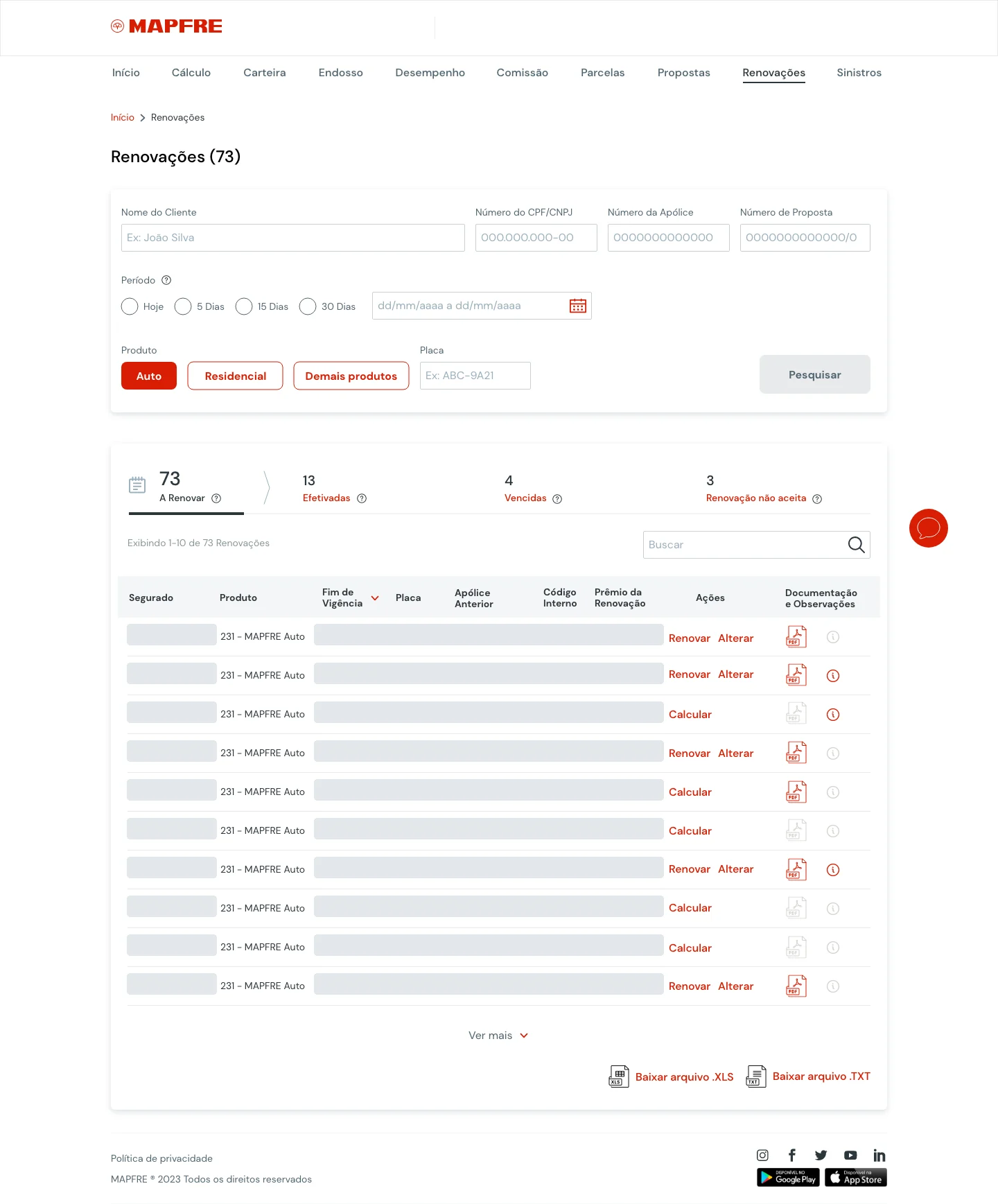 Interface original de Renovações: filtros, status, tabela e ações por contexto