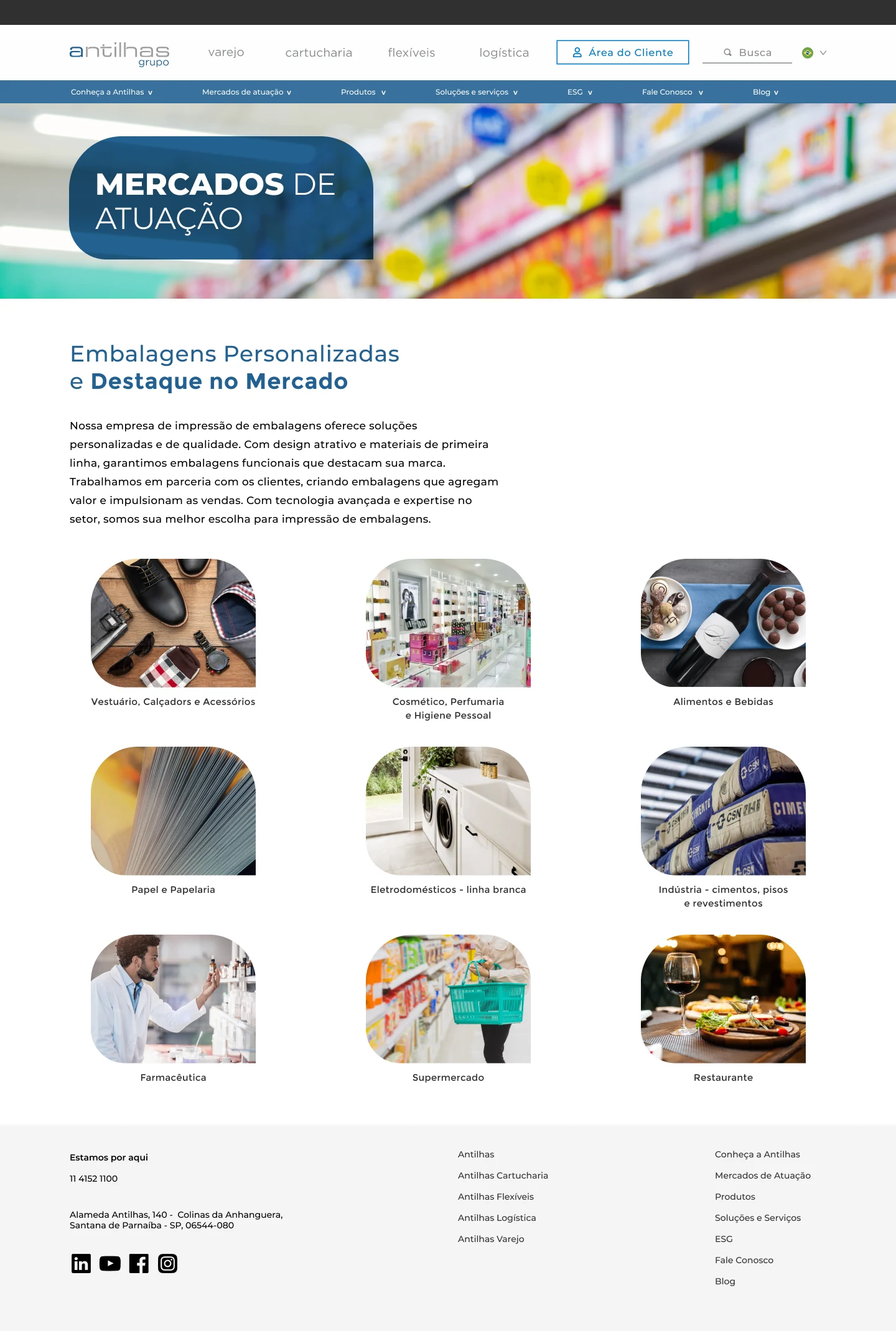 Explorar pelo mercado de atuação — Os segmentos aparecem em grupos visuais com texto e imagens de apoio.