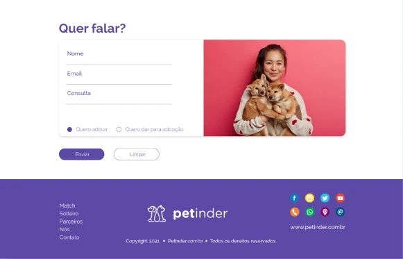 Conectar interesse e contato — O formulário mantém a linguagem de cores e permite expressar a intenção de adotar ou disponibilizar um pet para adoção.