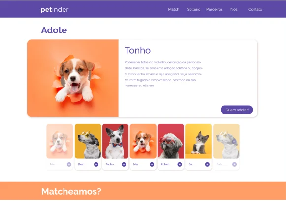 Dar contexto à escolha — Recorte da visualização de um animal, com imagem, descrição e chamada para a ação de adoção.